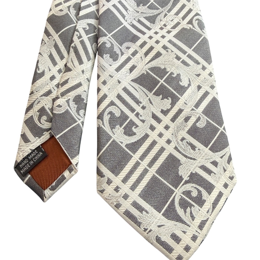 Steven Land‎ Mens Silk Tie Grey White Plaid Scroll Jacquard Formal Necktie